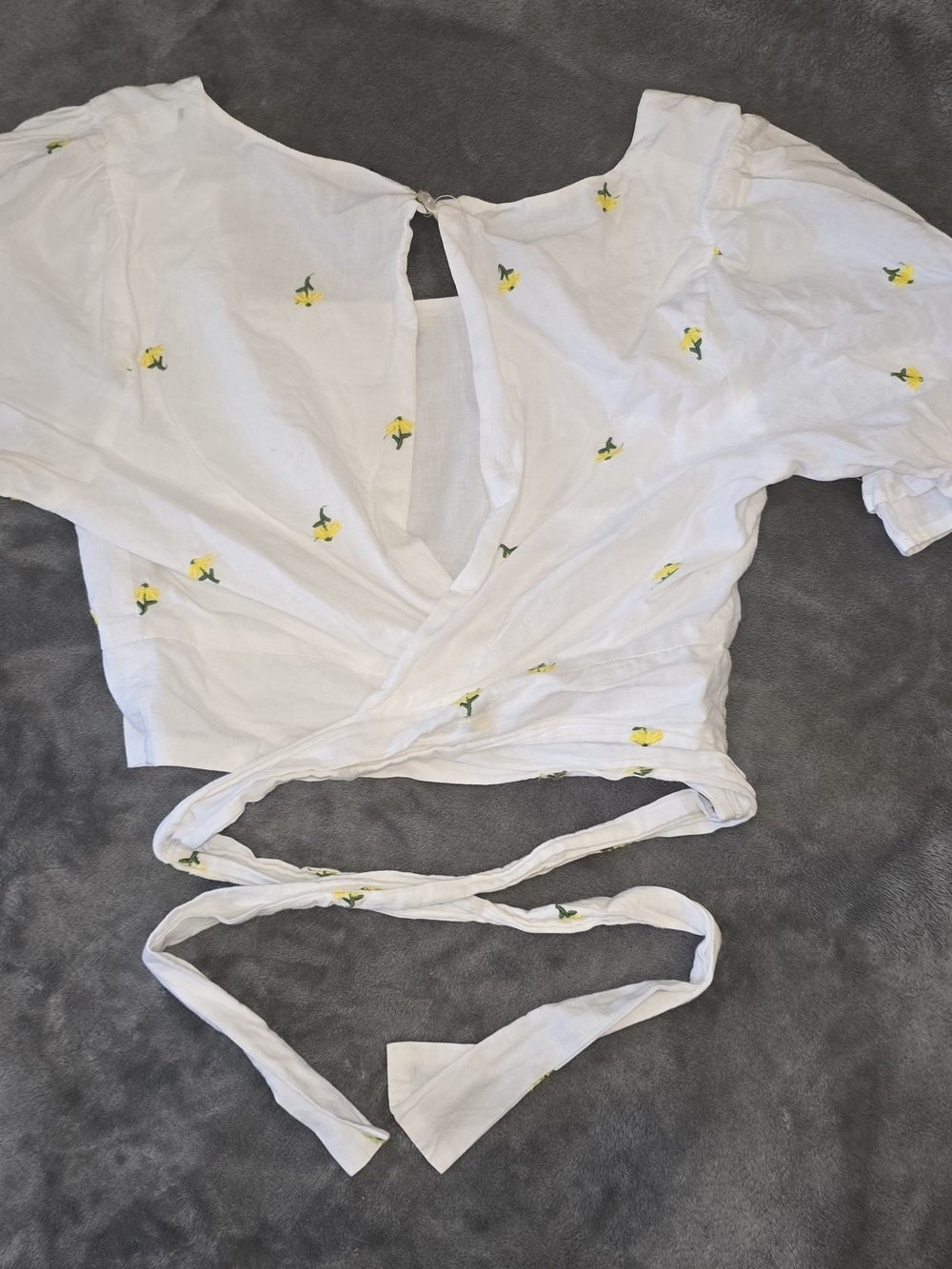 White Tie-Wrap Crop Top with Yellow Flower Embroidery